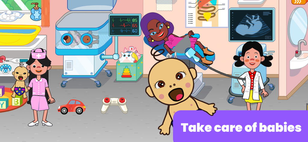 A colorful cartoon hospital nursery scene where kids can roleplay as doctors and nurses caring for babies