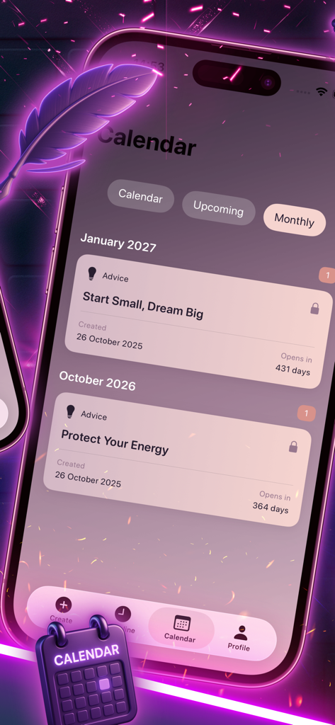 Mobile app interface showing a timeline of future messages with countdowns