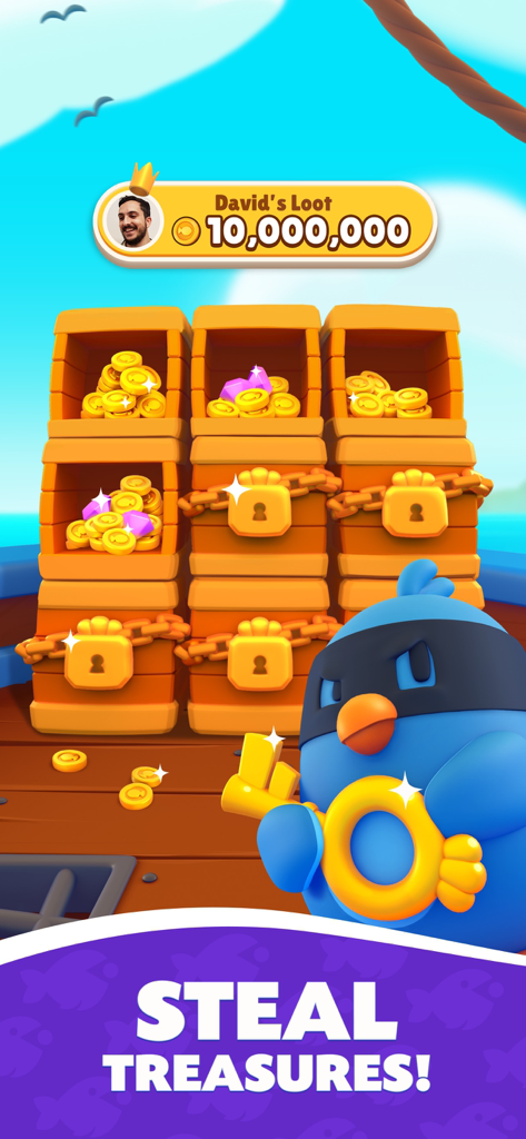 A blue bird character in a thief mask holding a golden key next to treasure chests filled with gold coins