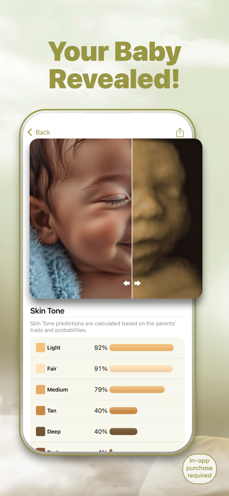 Ultrasound to Photo AI - Una pantalla dividida que compara un rostro de bebé realista de IA con una imagen de ecografía y predicciones de tono de piel.