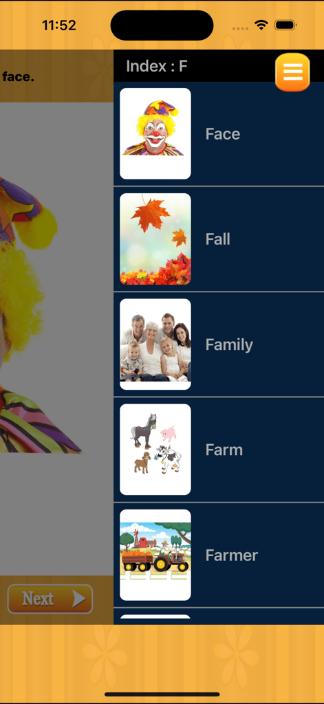 Alphabetical index of words starting with the letter F in the Kids Picture Dictionary app