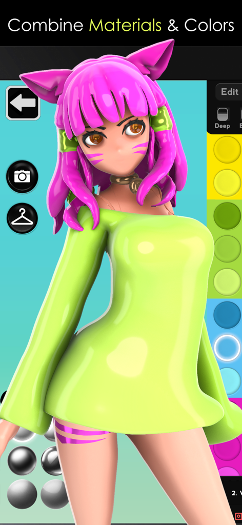 ColorMinis 3D Coloring Studio - Coloring a 3D anime character with vibrant pink hair and lime green dress in ColorMinis app