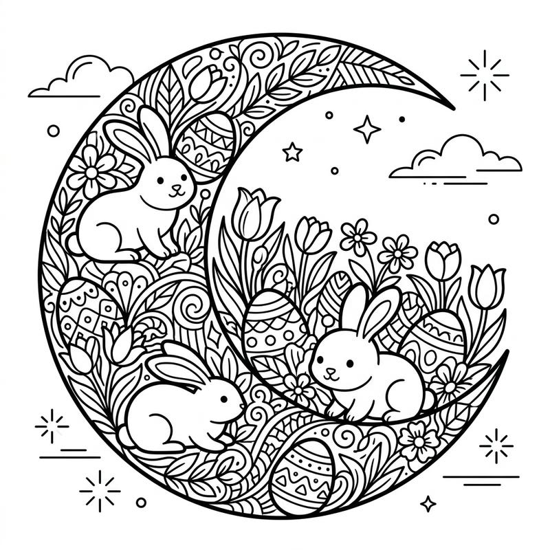 Embark on a delightful coloring adventure with our intricate Easter Half Moon design, perfect for adults. This charming page features sweet bunnies nestled among decorated eggs and blooming spring flowers, offering hours of relaxing creativity.