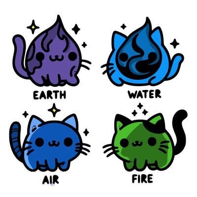 4 cats that represent the different elements, earth, water, air, and fire