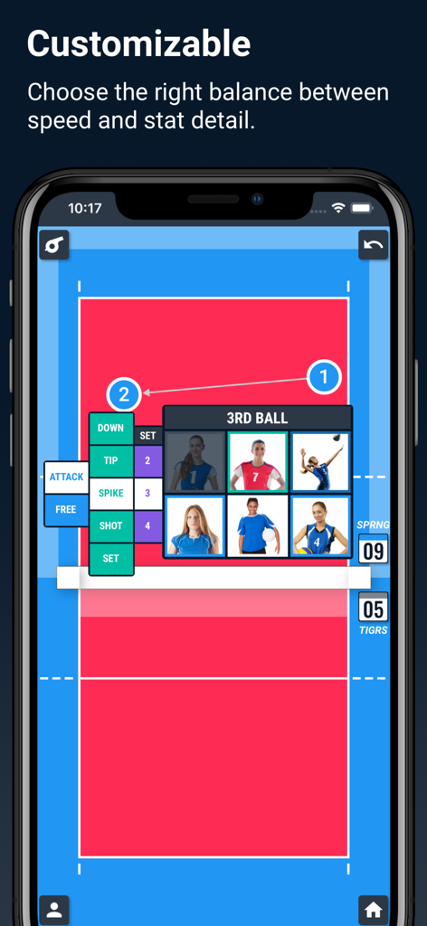 iStatVball 3 - Customizable volleyball stat tracking interface on a smartphone screen