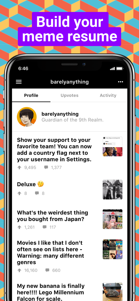 A 9GAG app screenshot showing a user profile feed with various posts and a banner that says Build your meme resume.