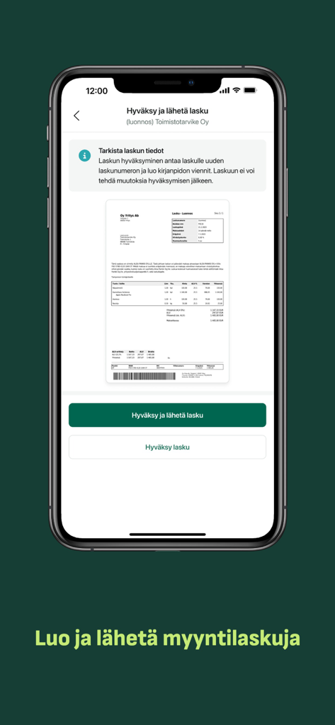 Fennoa mobile app interface for reviewing and approving sales invoices with a document preview and action buttons
