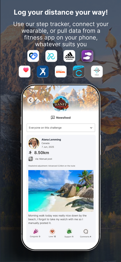 The Conqueror Challenges - A interface do aplicativo The Conqueror Challenges mostrando integrações de rastreadores de fitness e um feed de notícias de atividades da comunidade.