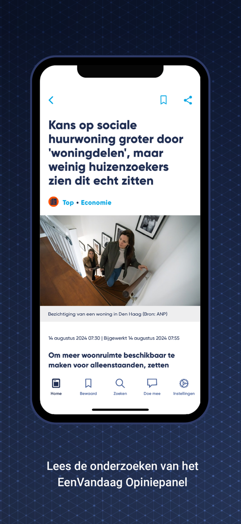 EenVandaag De Peiling - Smartphone screen showing a news article about social housing and economic trends in the EenVandaag De Peiling app