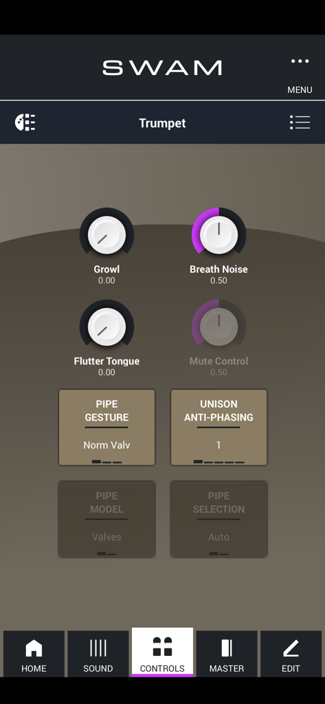 SWAM Trumpet - SWAM Trumpet app controls screen showing expressive sound modulation settings for musicians