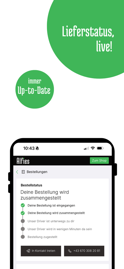 Alfies - Alfies App-Oberfläche mit einem Live-Lieferstatus-Tracker mit Fortschrittsschritten von der Bestellbestätigung bis zur Lieferung.