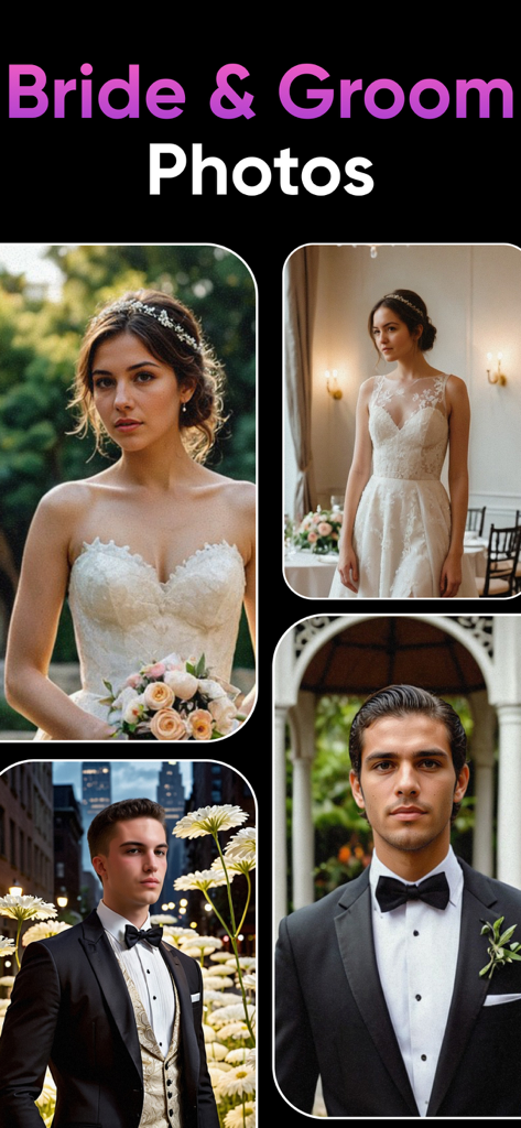 AI Photo Generator: Remake AI - A collage showing AI generated professional portraits of brides in wedding dresses and grooms in tuxedos