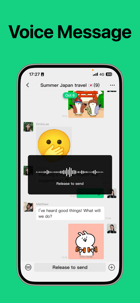 Mosavi app screenshot showing a voice message being recorded in a group chat with a release to send prompt