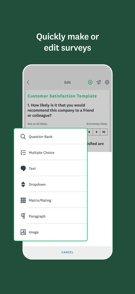 SurveyMonkey - Schermata dell'app SurveyMonkey che mostra l'interfaccia dell'editor di sondaggi con un menu di tipi di domande come scelta multipla e a discesa.