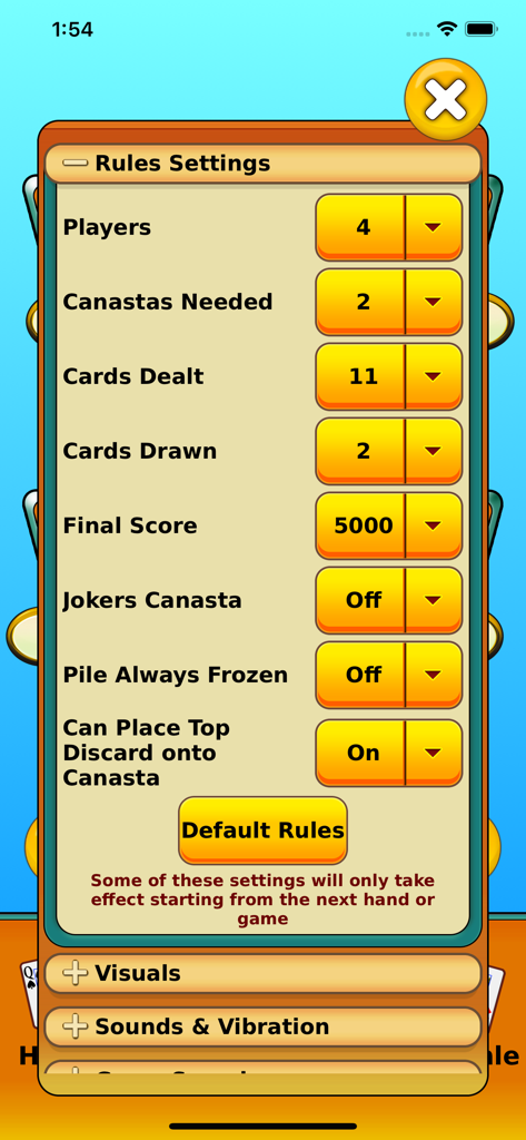 Canasta - Online & offline - Customizable rules settings menu in the Canasta card game app showing options for players and scoring.