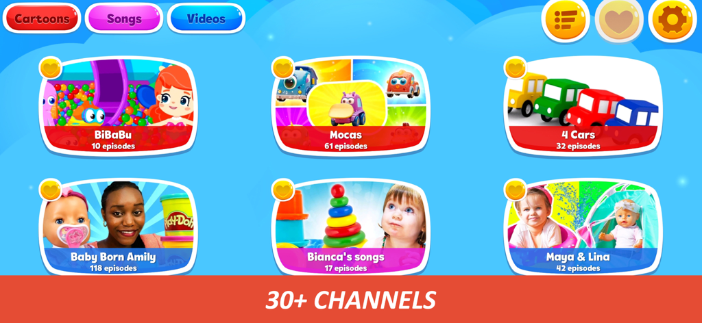 Kapuki TV learning kids videos - Interface of the Kapuki TV app displaying various children's video channels like cartoons and songs.