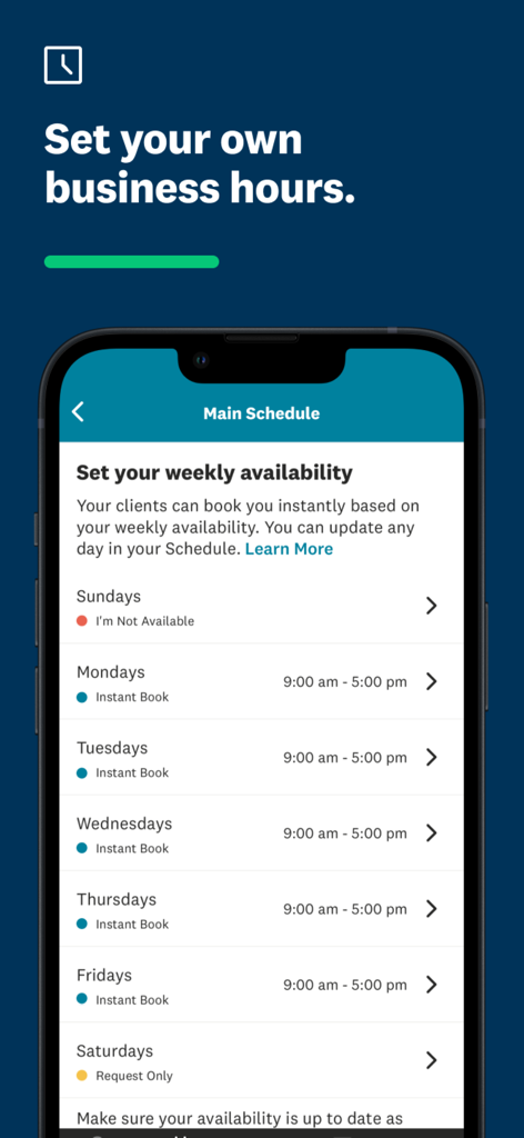 Weekly availability and business hours setup interface on the Angi Services for Pros app