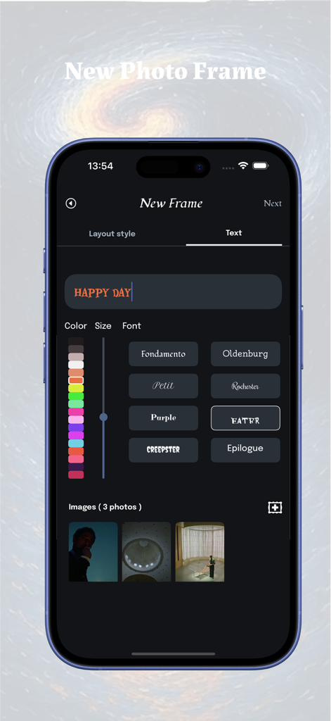 Tango Me: Videos Studio - Interfaz de la aplicación Tango Me que muestra opciones de personalización de texto para un marco de fotos, incluyendo fuentes y colores