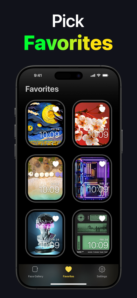 Watch Faces - WatchLab - Un écran d'application mobile montrant une collection organisée de designs de cadrans Apple Watch préférés dans une mise en page en grille.