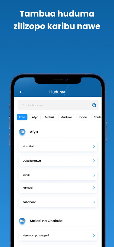 Napa Mobile App - 나파 앱 스크린샷이 스와힐리어로 보건 시설 및 숙박 시설과 같은 현지 서비스 메뉴를 표시합니다.