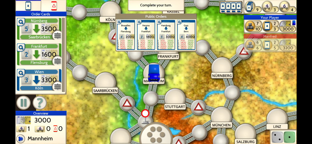 Auf Achse Board Game - Digital board game screen showing a map of Germany with trucking routes and freight delivery orders.