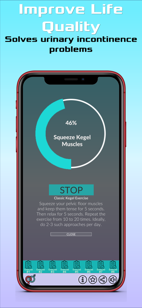 スマートフォンにケーゲル体操アプリのインターフェースが表示され、骨盤底筋トレーニングの指示が表示されています。