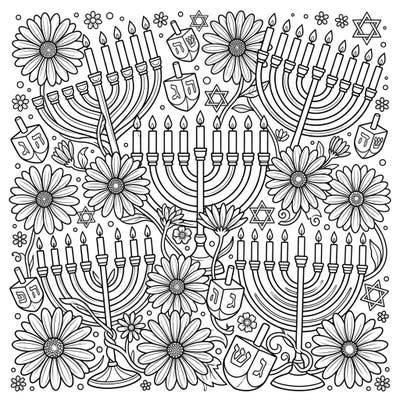 Discover a heartwarming blend of natural beauty and festive tradition with this unique coloring page. Adorned with delicate Cape daisies, glowing menorahs, and playful dreidels, it's perfect for celebrating Hanukkah with a floral twist.