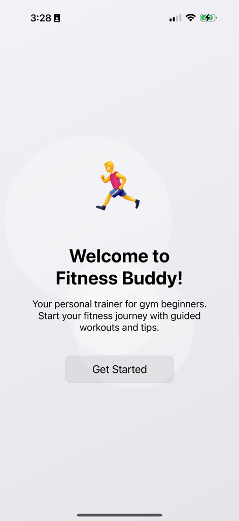 Fitness Buddy! - Welcome screen of the Fitness Buddy app with a Get Started button and a running avatar