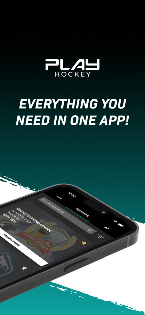 Play Hockey - A smartphone displaying the Play Hockey app interface featuring tournament listings and the text Everything you need in one app.