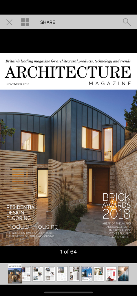 Architecture Magazine - Architecture Magazine app interface displaying a digital issue cover featuring modern residential design and modular housing