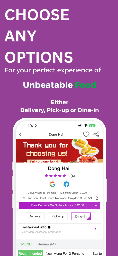 All Eat app screen displaying delivery pick up and dine in options for local restaurants