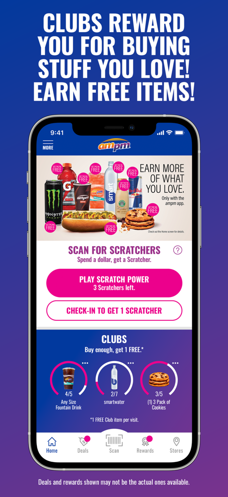 ampm mobile app screen showcasing digital loyalty clubs for free items and scratch-to-win games