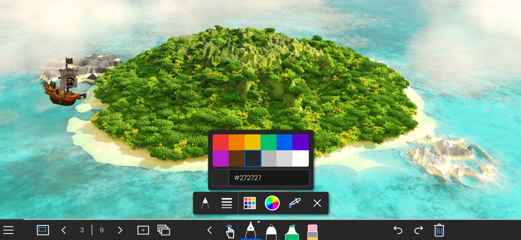 LYNX Whiteboard app interface featuring a 3D island background with a color picker and drawing tools
