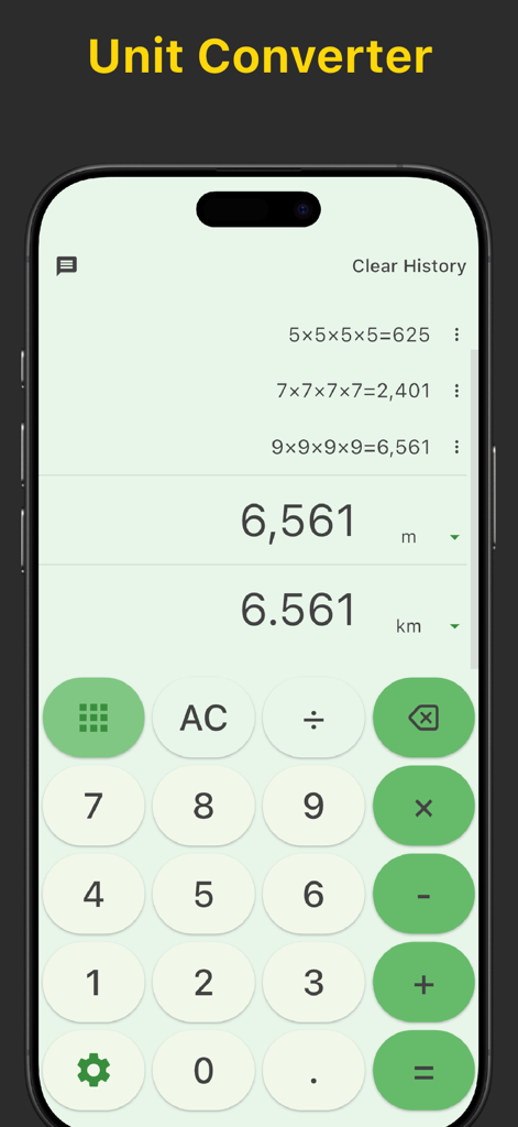 Calculator-EasyCalc,Real voice - Calculator app interface showing unit conversion between meters and kilometers with calculation history