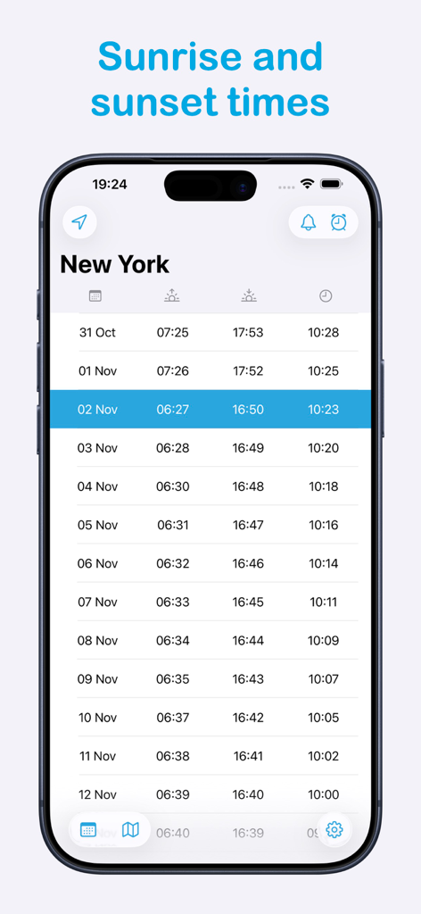 Sunrise Sunset: Times & Alarms - iPhone-Screenshot mit einer detaillierten Liste der täglichen Sonnenauf- und -untergangszeiten für New York