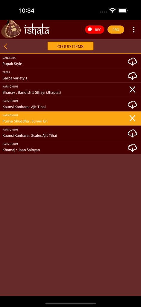iShala - Capture d'écran de l'application iShala montrant le menu « Éléments cloud » avec une liste de rythmes d'harmonium et de tabla téléchargeables.