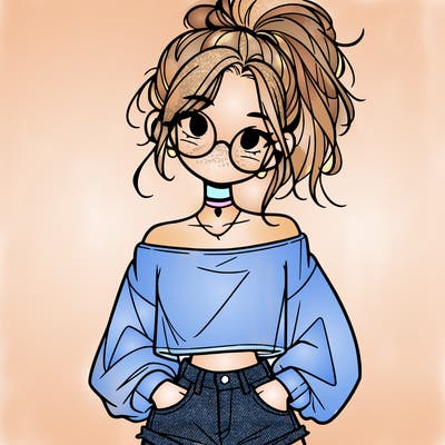girl with a messy ponytail glasses a baggy crop top and jean shorts