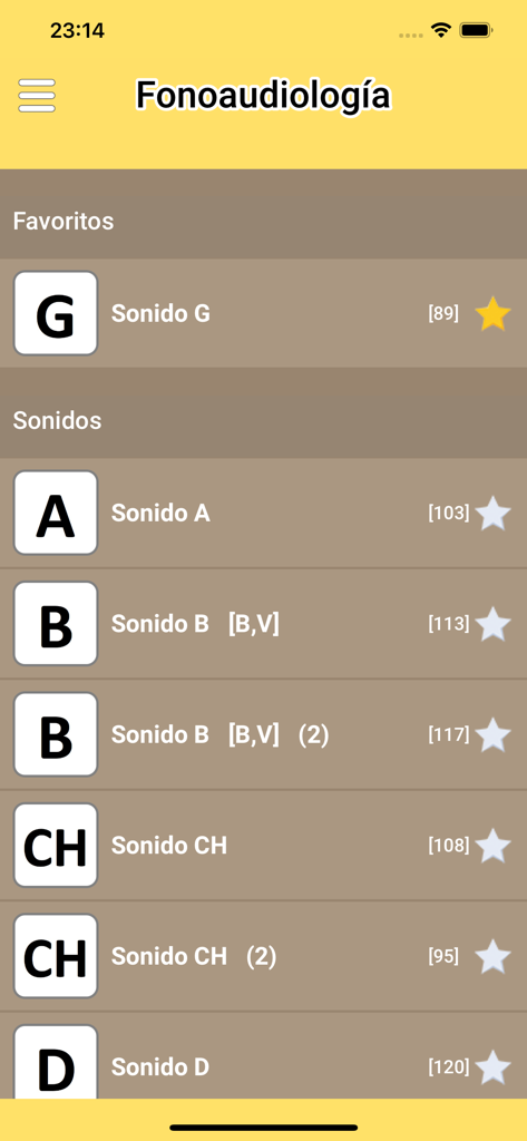 Fonoaudiología : ejercicios AR - Interface of the Fonoaudiología app showing a list of Spanish phonemes and speech sound exercises
