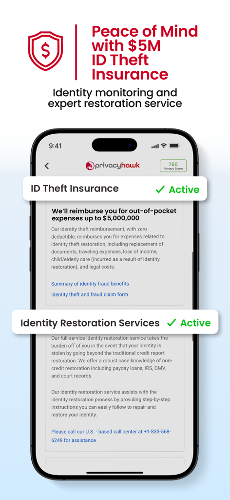 PrivacyHawk - PrivacyHawk app interface displaying active identity theft insurance coverage and restoration services