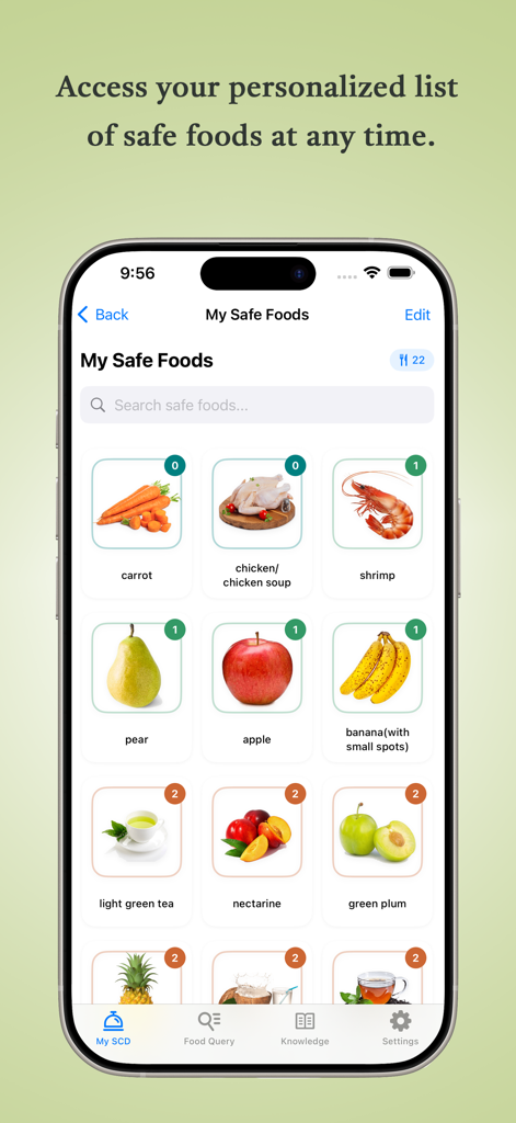 Captura de pantalla de la pantalla Mis Alimentos Seguros de la aplicación de la dieta SCD que muestra una cuadrícula de alimentos tolerados con indicadores de etapa