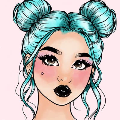 realistic girl with two buns on her hair and lips