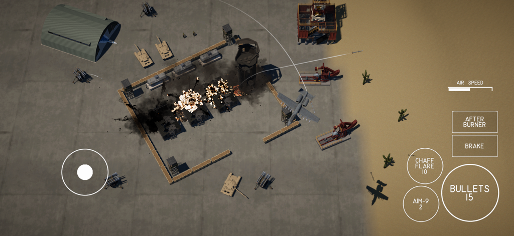 Jugabilidad aérea de un caza A-10 atacando una base militar con explosiones