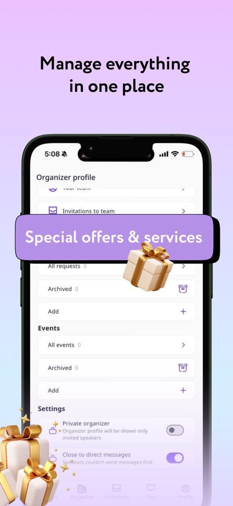 SpeakUp – Find & Book Speakers - SpeakUp app organizer profile showing event and service management options