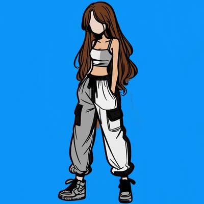 girl in baggy pants crop top and long hair