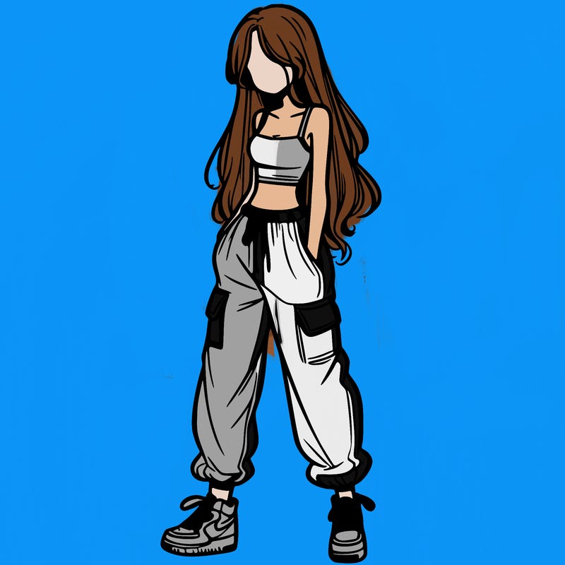 girl in baggy pants crop top and long hair