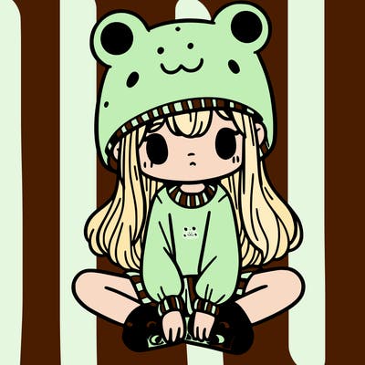a girl wearing a frog hat and some frog socks