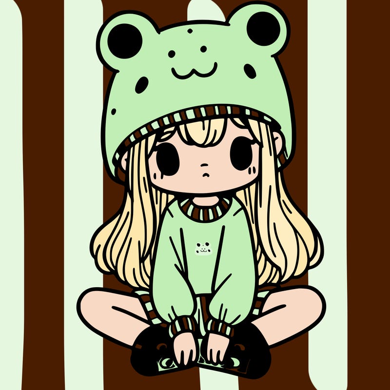 a girl wearing a frog hat and some frog socks