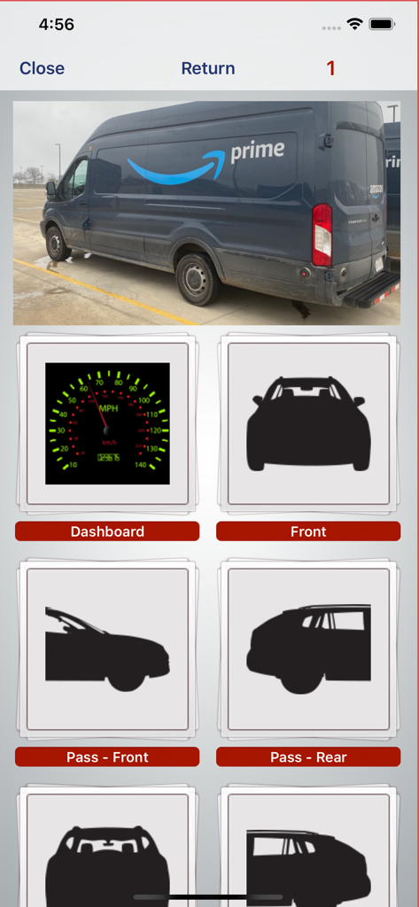 DAMAGE iD - DAMAGE iD mobile app interface showing a delivery van inspection checklist with categories for dashboard and exterior photos