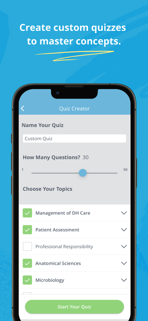 Capture d'écran de l'interface du créateur de quiz dans l'application Maîtrise de l'hygiène dentaire montrant la sélection de sujets personnalisés.