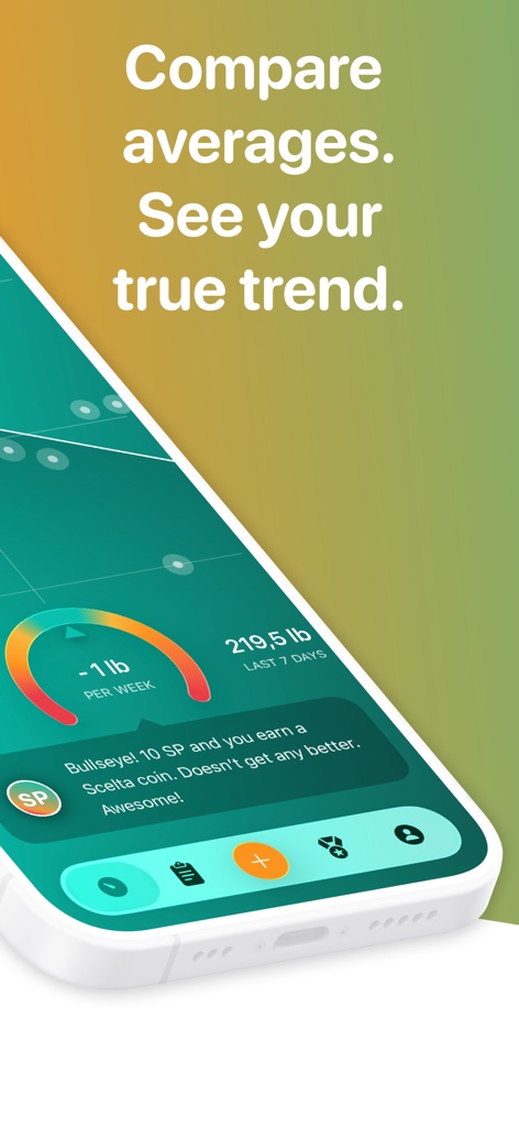 Scelta: Weight Loss Tracker - Scelta weight loss tracker interface showing weight trend averages and gamified goal progress